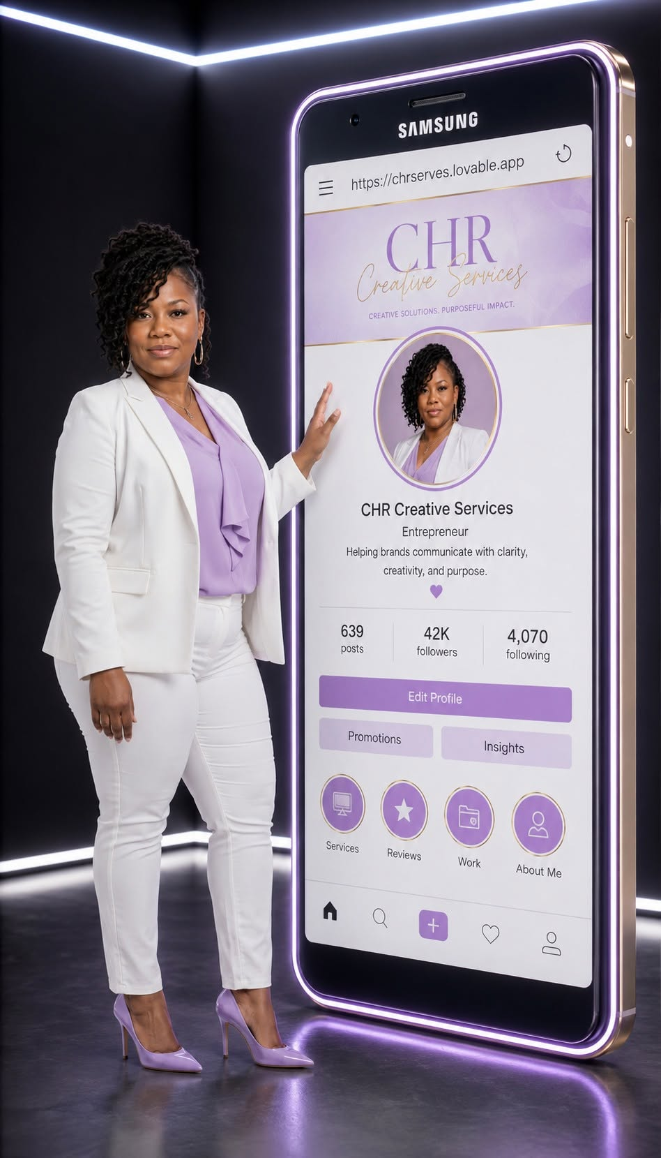 Candice Hibler-Robinson, founder of CHR Creative Services, beside a phone showcasing her brand