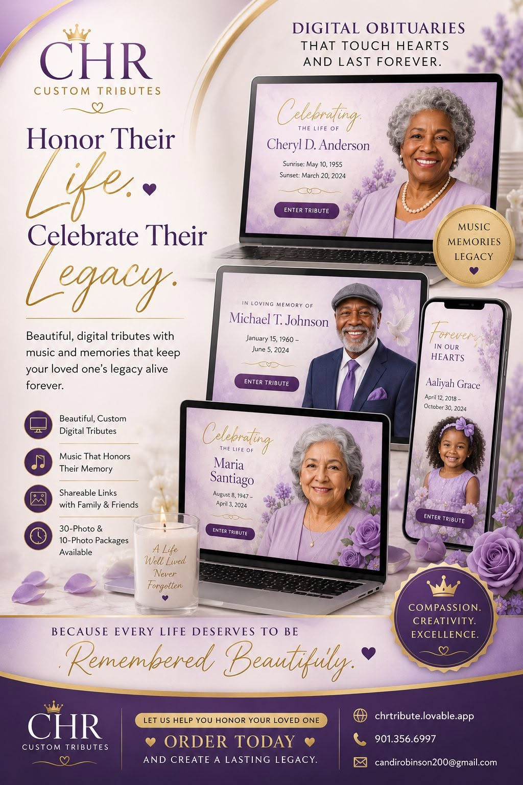 CHR Custom Tributes promotional flyer showing digital obituary designs on laptop, tablet, and phone